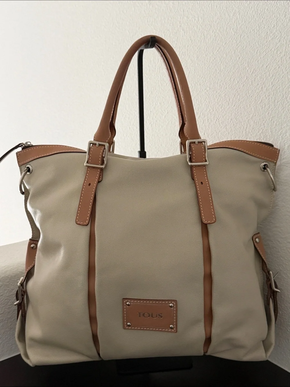 VINTAGE TOUS Beige Tote with Tan Leather Trim Shoulder Strap & Dust Bag.